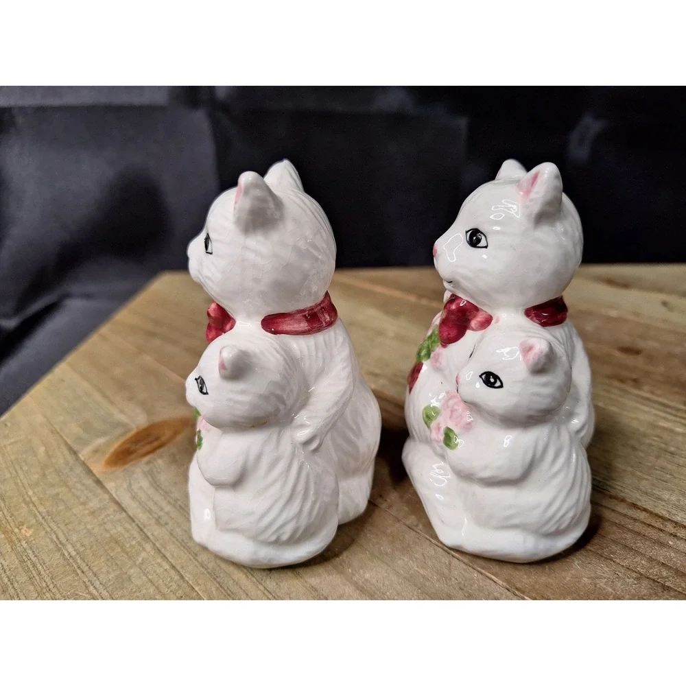 Vintage White Ceramic Cat and Kitten Salt and Pepper Shaker Set Red Bow Floral